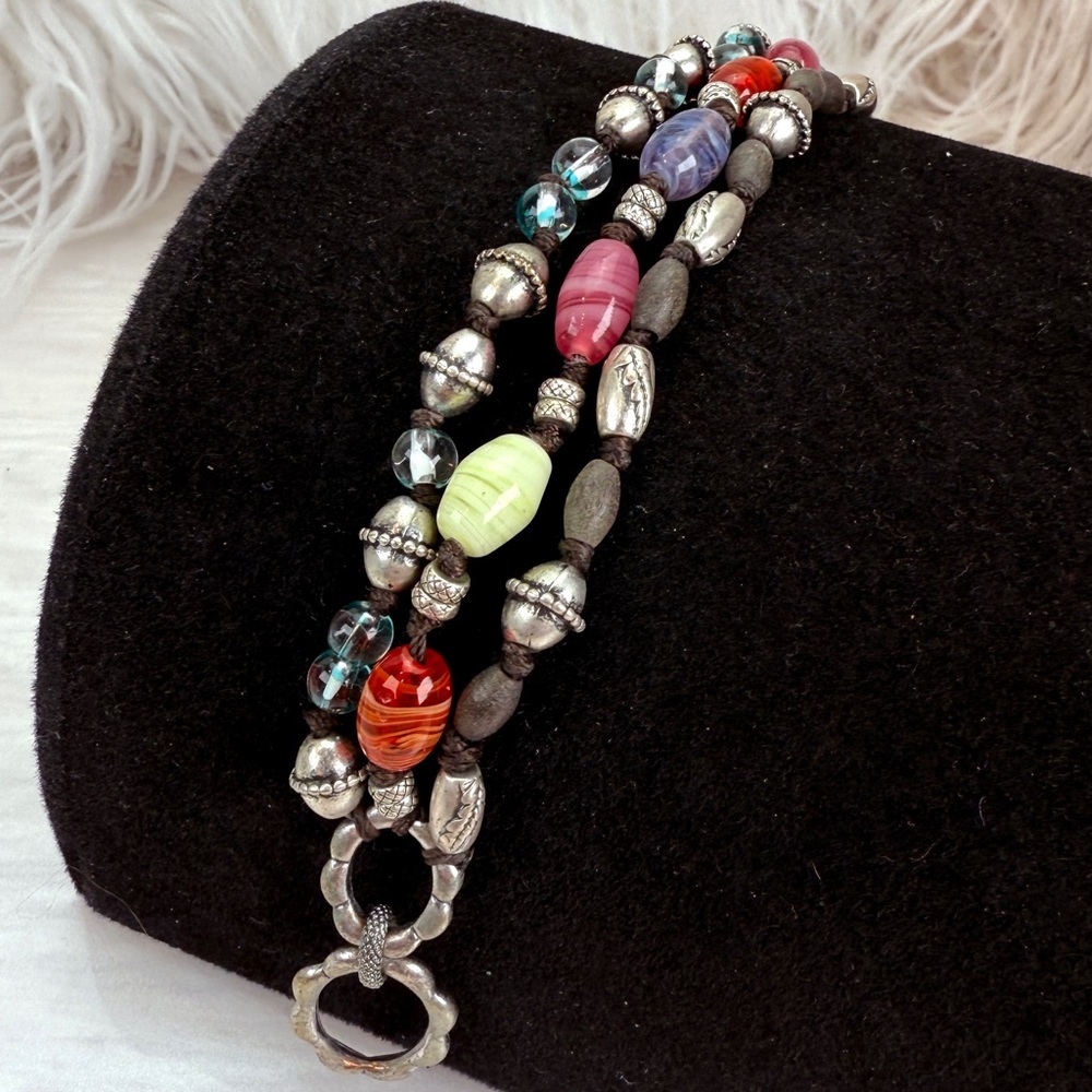 Aged Silvertone multistrand multicolor beaded roach clip closure Lucky bracelet